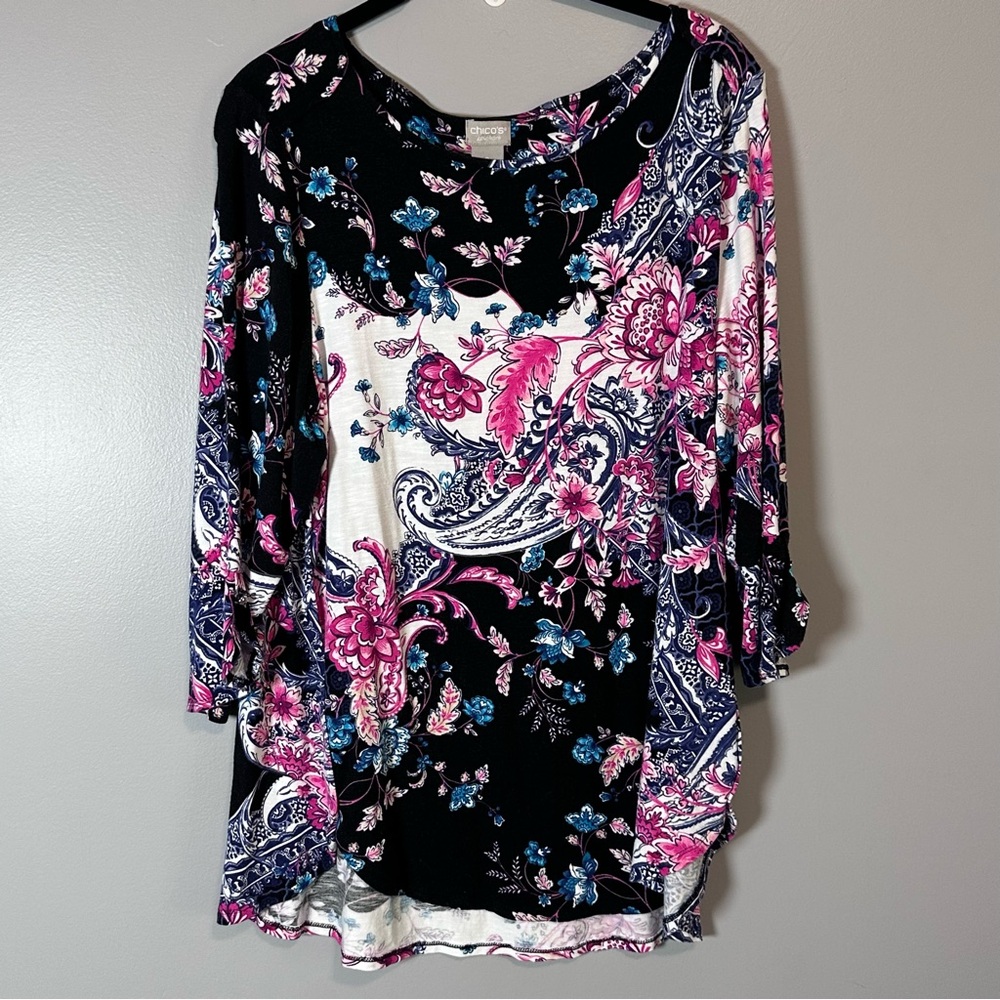Chicos Zenergy Sz 2 (Large) Top Tunic Long Sleeve Paisley Pink Black